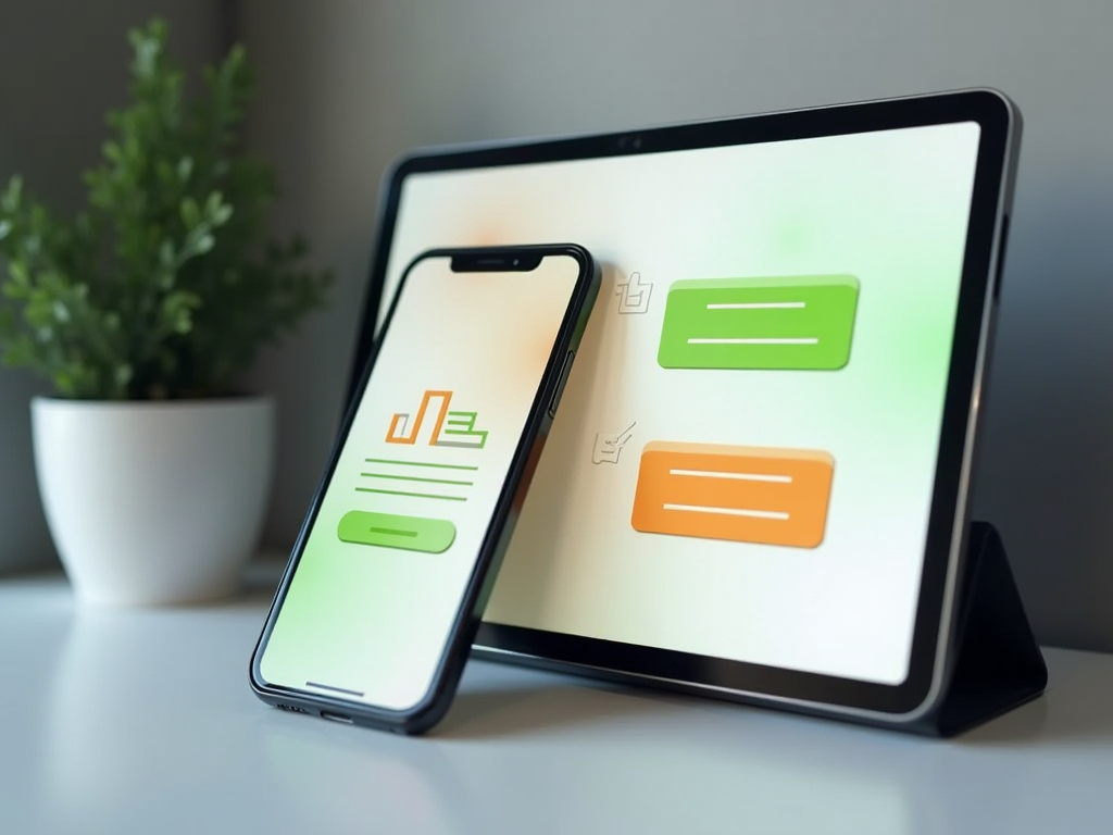 Смартфон и планшет на столе с открытыми приложениями для обмена сообщениями.