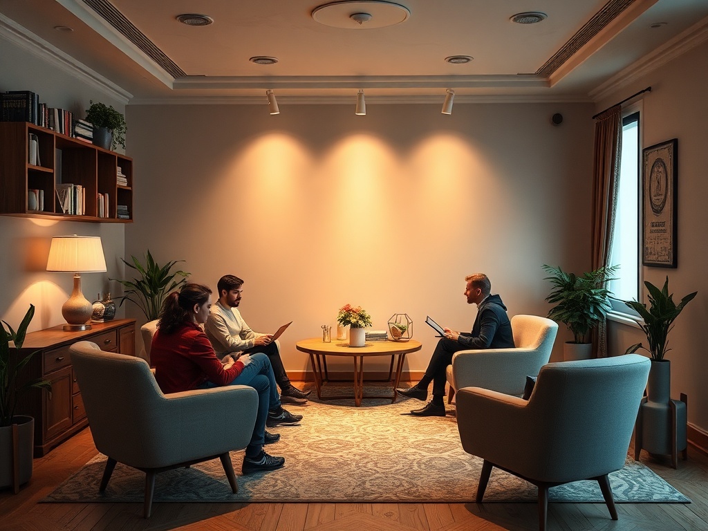 Три человека сидят в уютной комнате, обсуждая что-то важное, рядом растения и стильная мебель.