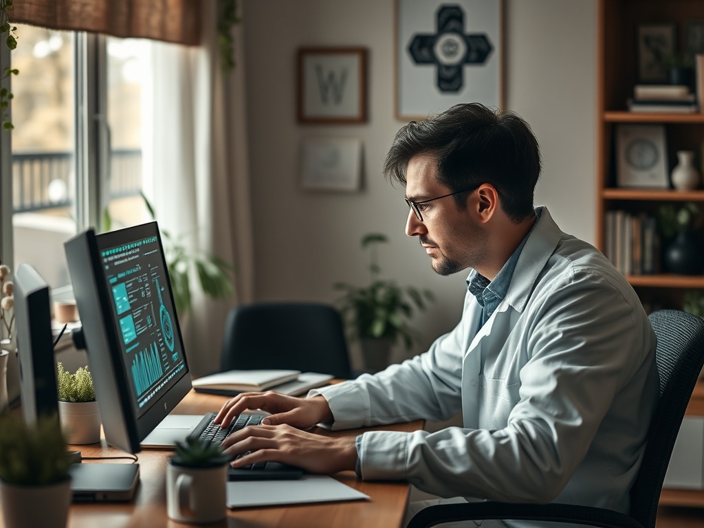 Мужчина в белом халате работает за компьютером в светлом офисе с растениями и книжными полками.