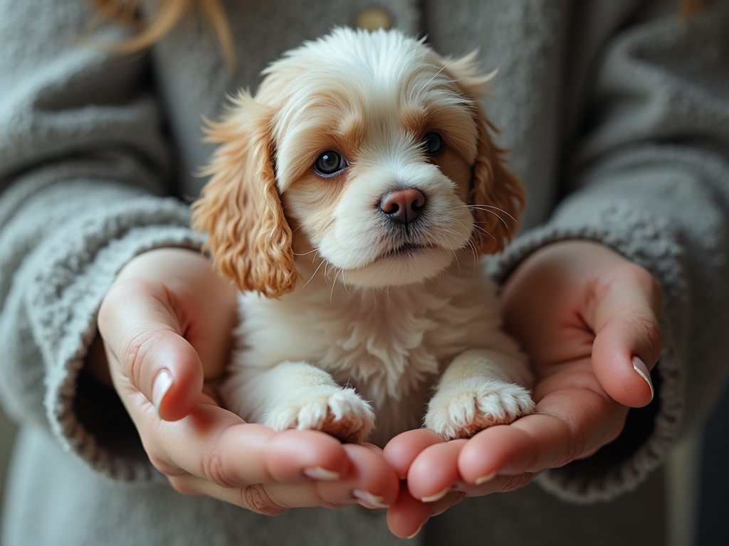 Щенок Cavalier King Charles Spaniel в руках женщины, на фоне серого кардигана.