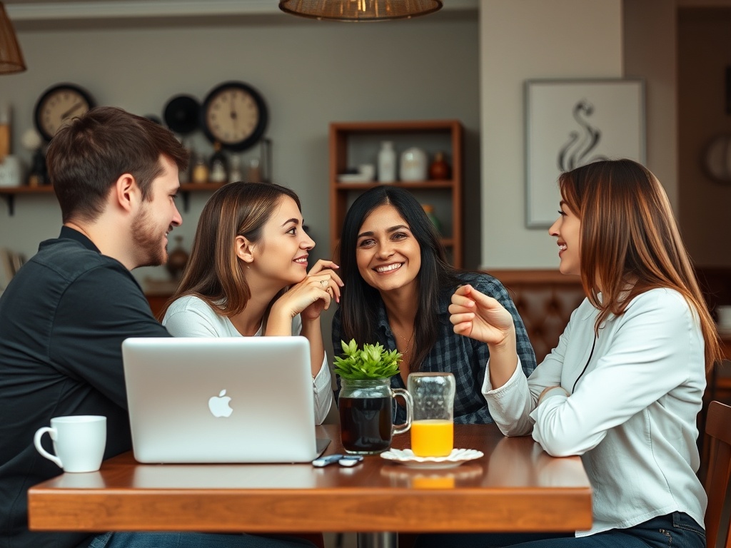 Четыре человека дружно общаются за столом в уютном кафе, рядом ноутбук и напитки. Атмосфера радостная.