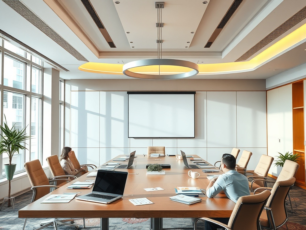 Современный конференц-зал с длинным столом и двумя сидящими людьми. На стене — экран для презентаций.