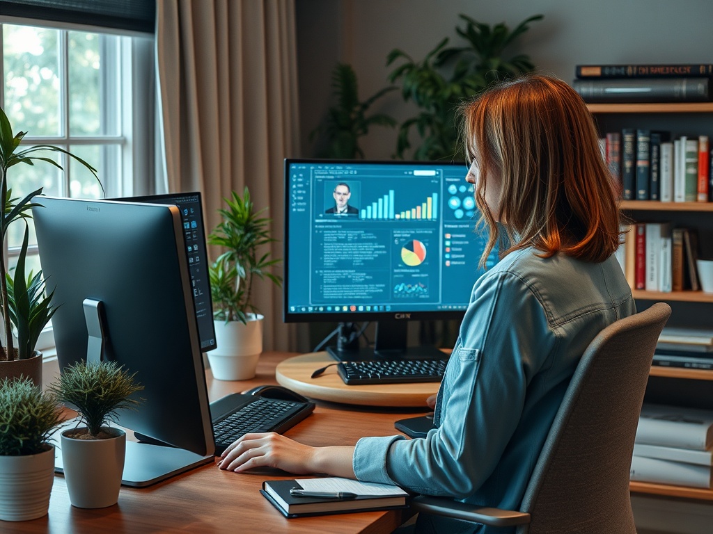 Женщина работает за компьютером, анализируя данные на двух экранах в уютном офисе с растениями.