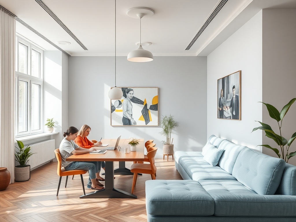 Два человека сидят за столом в светлом, современном помещении с растениями и картинами на стенах.