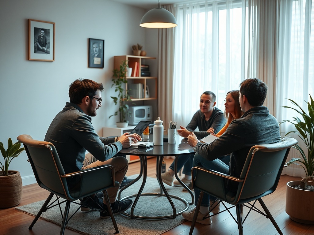 Четыре человека обсуждают идеи за круглым столом в уютном помещении с зелеными растениями и светом.